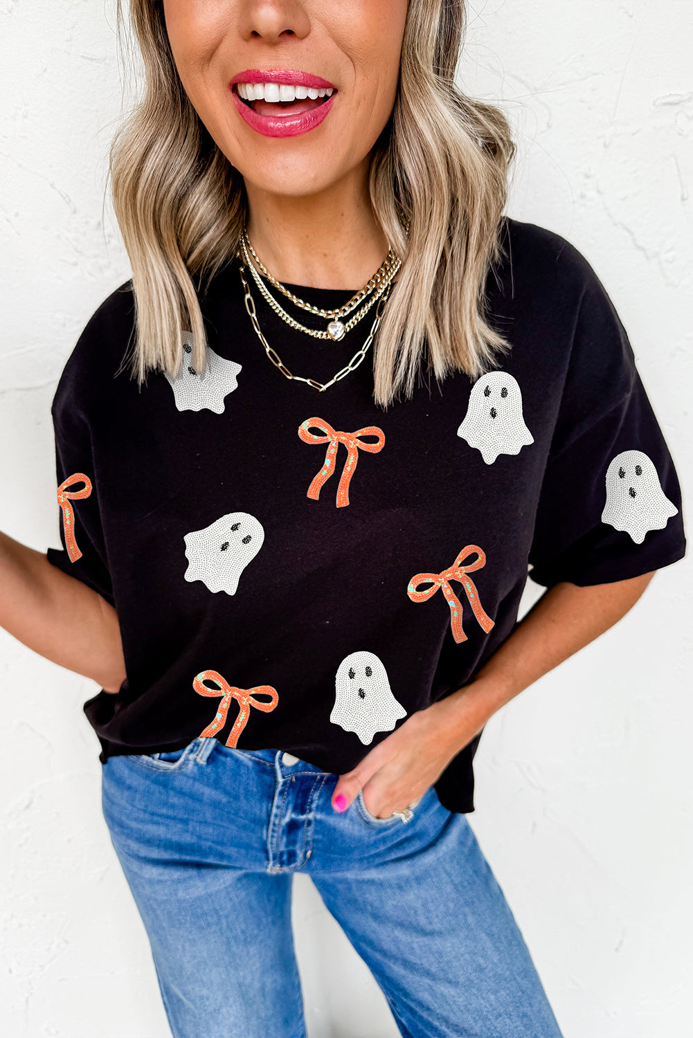 Black Sequin Bow Ghost Patched Halloween Graphic Tee
