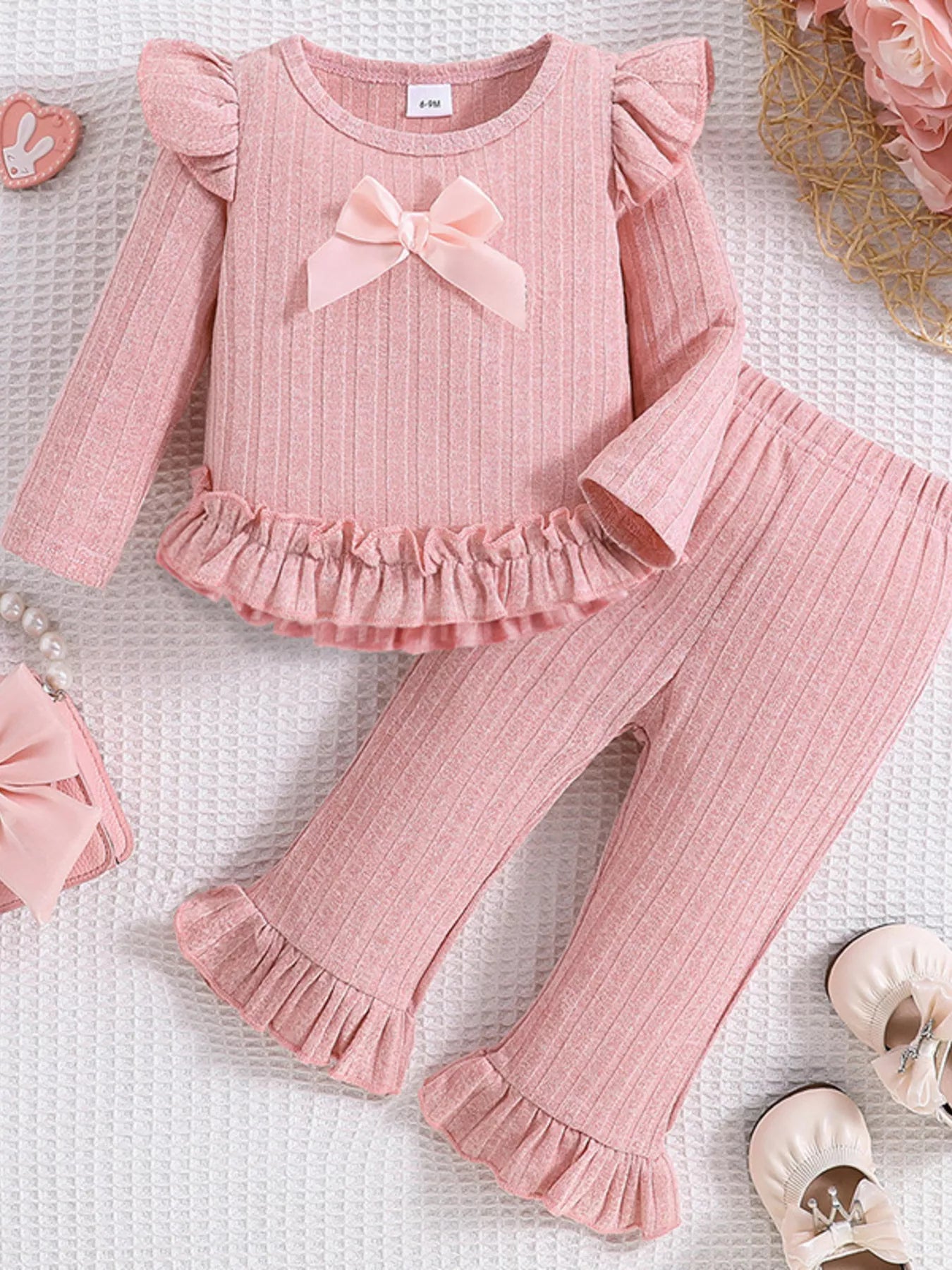 Children's Ribbed Ruffle Trim Top and Pants Set