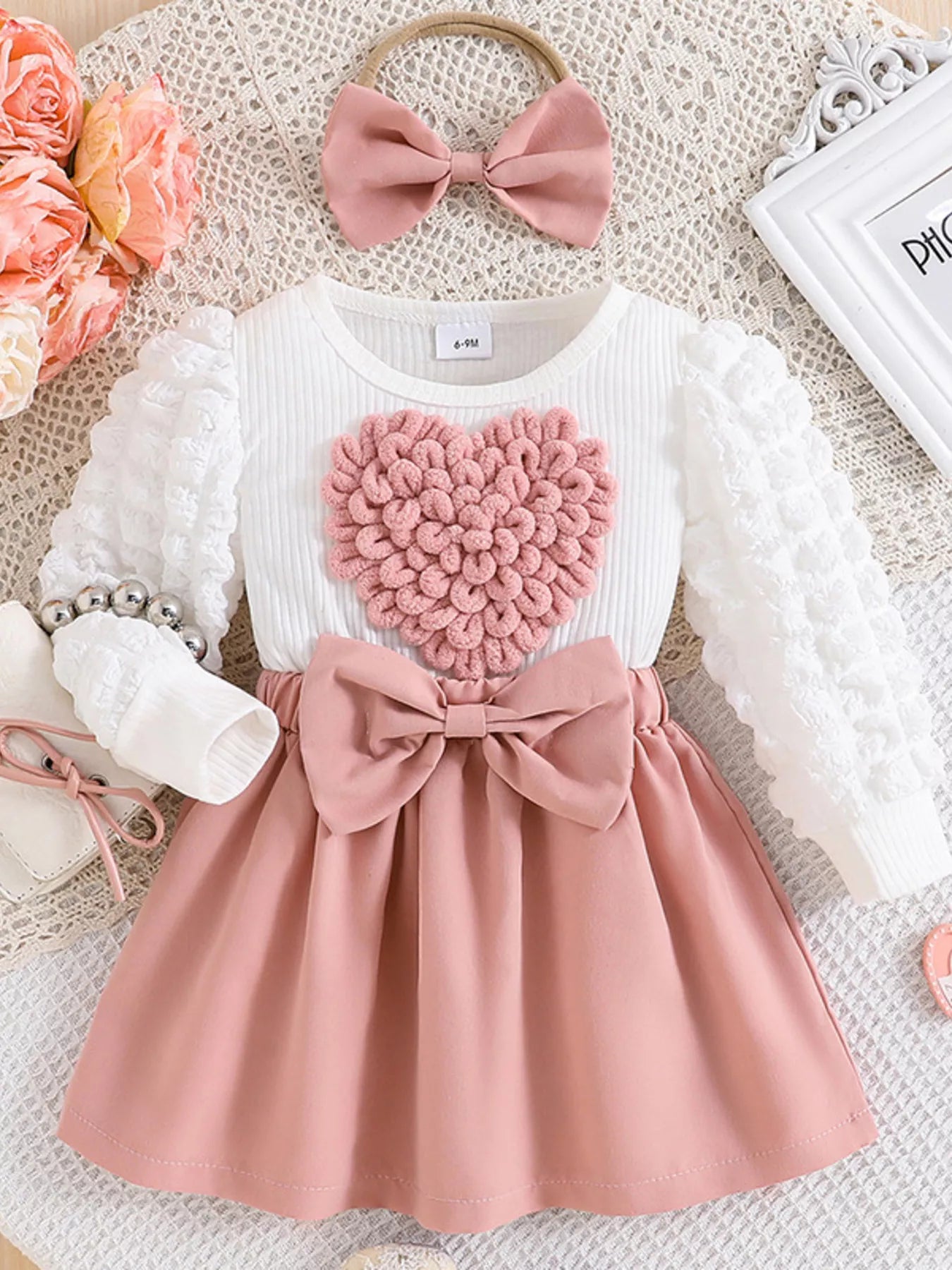 Children's Heart Bowknot Decor Dress with Headband