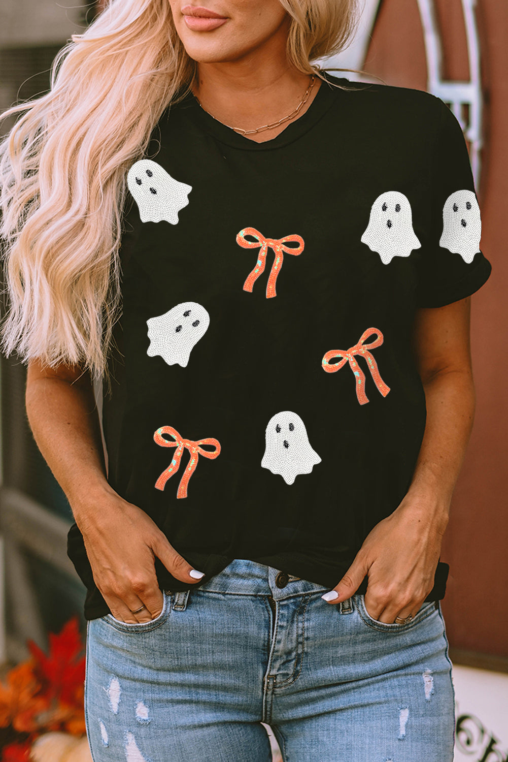 Black Sequin Bow Ghost Patched Halloween Graphic Tee