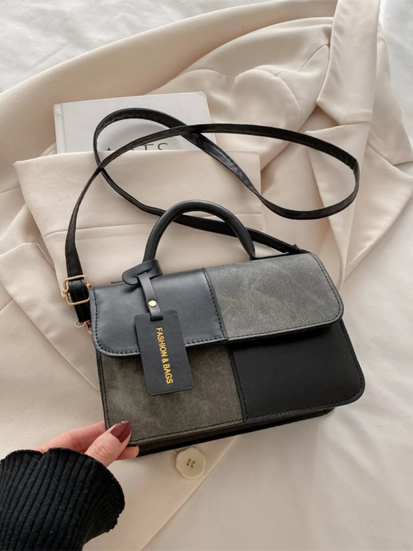 Color Block Flap Crossbody Bag with Top Handle