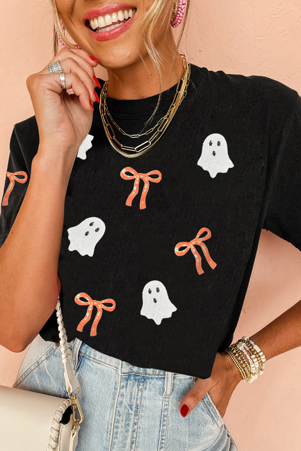 Black Sequin Bow Ghost Patched Halloween Graphic Tee