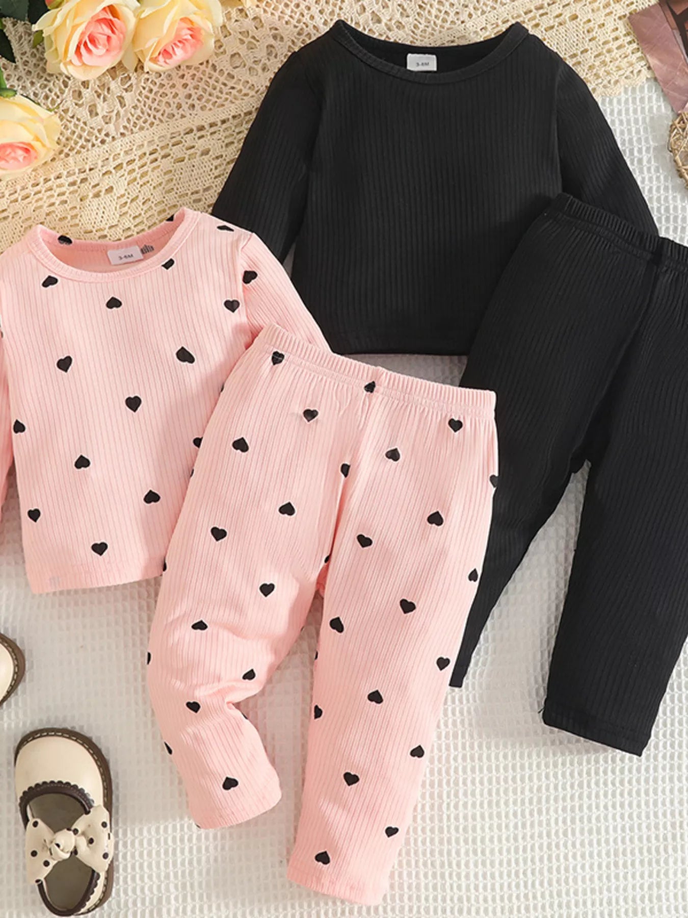 Children's Heart Print Ribbed Top and Pants Set